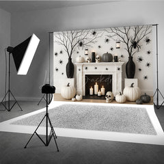 Lofaris Modern Halloween Fireplace Photography Backdrop Chic Black and White Decor Spooky Studio Photo Shoots