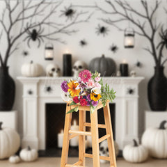 Lofaris Modern Halloween Fireplace Photography Backdrop Chic Black and White Decor Spooky Studio Photo Shoots