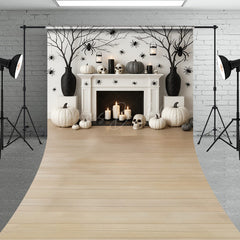 Lofaris Modern Halloween Fireplace Sweep Backdrop Chic Black and White Decor Spooky Studio Photo Shoots