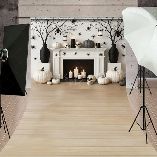 Lofaris Modern Halloween Fireplace Sweep Backdrop Chic Black and White Decor Spooky Studio Photo Shoots