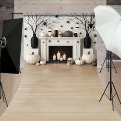 Lofaris Modern Halloween Fireplace Sweep Backdrop Chic Black and White Decor Spooky Studio Photo Shoots