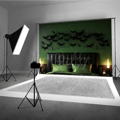 Lofaris Modern Halloween Headboard Photography Backdrop Green Wall with Black Bats and Spiderwebs Spooky Bedroom Decor