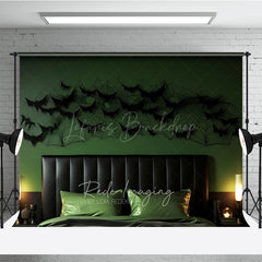 Lofaris Modern Halloween Headboard Photography Backdrop Green Wall with Black Bats and Spiderwebs Spooky Bedroom Decor