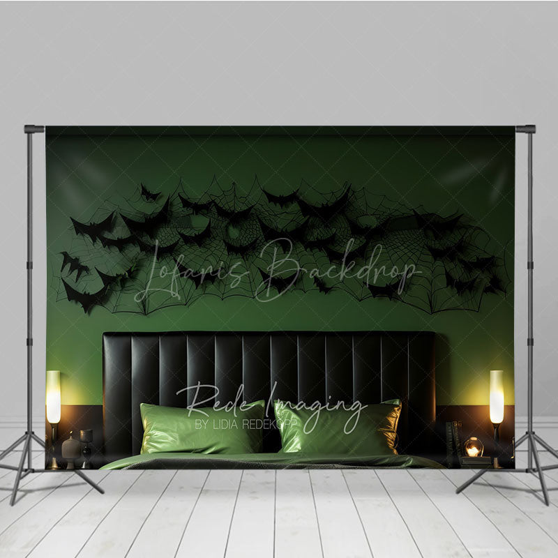 Lofaris Modern Halloween Headboard Photography Backdrop Green Wall with Black Bats and Spiderwebs Spooky Bedroom Decor