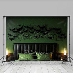 Lofaris Modern Halloween Headboard Photography Backdrop Green Wall with Black Bats and Spiderwebs Spooky Bedroom Decor