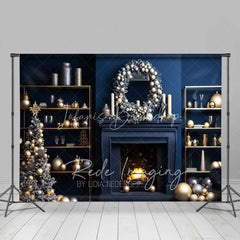 Lofaris Modern Luxury Christmas Backdrop Navy Blue Wall Gold Ornaments Fireplace Photo Background