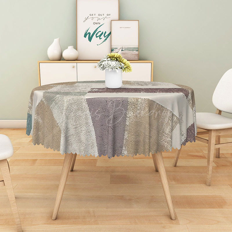 Lofaris Modern Patchwork Round Tablecloth in White Brown and Gray for Neutral Farmhouse Decor