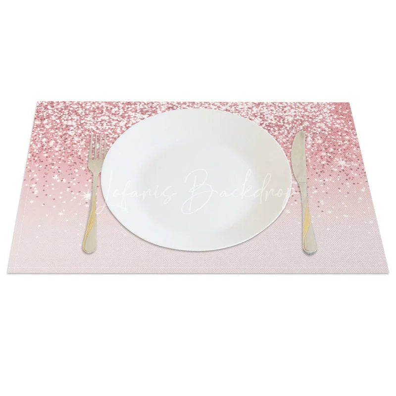 Lofaris Modern Pink on Glitter Effect Set of 4 Placemats for Glam Birthday Bachelorette and Party Decor