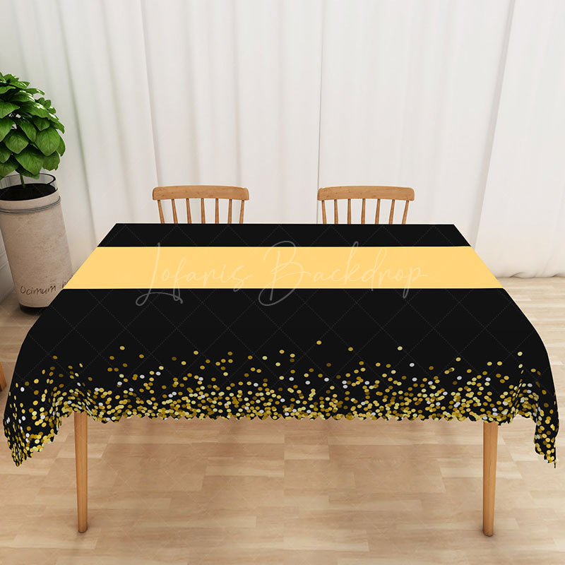 Lofaris Modern Polka Dot Tablecloth in Black Yellow and Gold for Birthday New Year’s or Graduation Party