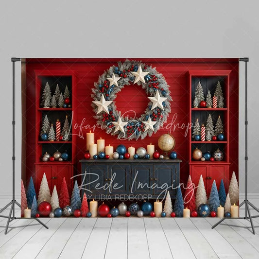 Lofaris Modern Red and Blue Backdrop White Star Wreath Shelves Cabinet Christmas Decor Photo Background