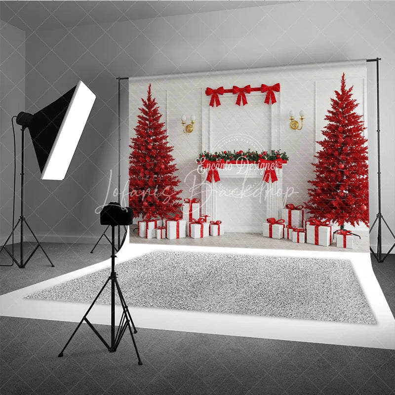 Lofaris Modern Red Christmas Photography Backdrop All Trees with White Fireplace Bold Holiday Photo Background
