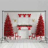 Lofaris Modern Red Christmas Photography Backdrop All Trees with White Fireplace Bold Holiday Photo Background