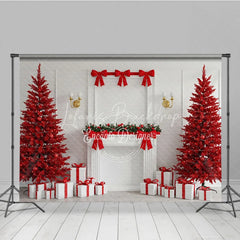 Lofaris Modern Red Christmas Photography Backdrop All Trees with White Fireplace Bold Holiday Photo Background