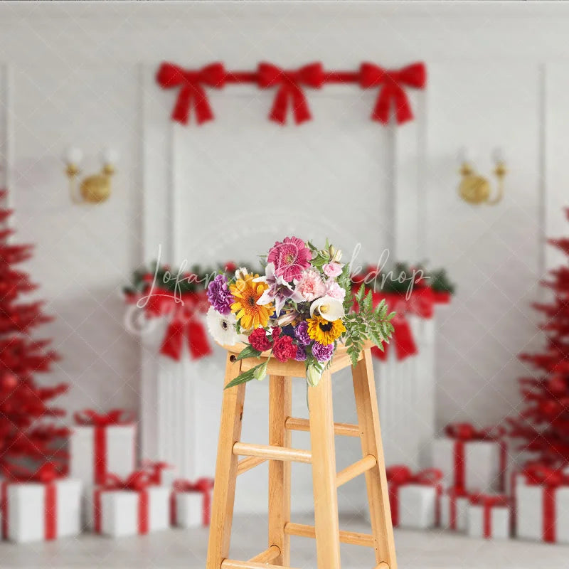 Lofaris Modern Red Christmas Photography Backdrop All Trees with White Fireplace Bold Holiday Photo Background