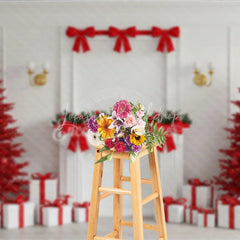 Lofaris Modern Red Christmas Photography Backdrop All Trees with White Fireplace Bold Holiday Photo Background