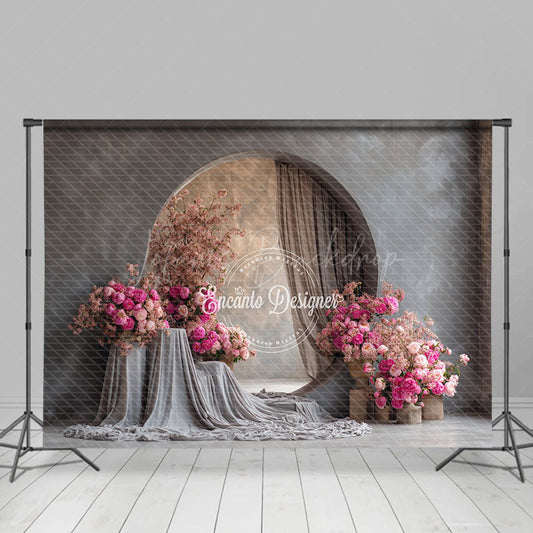 Lofaris Modern Round Window Photography Backdrop with Pink Peonies Minimalist Floral Elegant Wedding Photo Background
