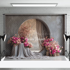 Lofaris Modern Round Window Photography Backdrop with Pink Peonies Minimalist Floral Elegant Wedding Photo Background