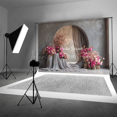 Lofaris Modern Round Window Photography Backdrop with Pink Peonies Minimalist Floral Elegant Wedding Photo Background
