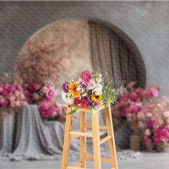 Lofaris Modern Round Window Photography Backdrop with Pink Peonies Minimalist Floral Elegant Wedding Photo Background