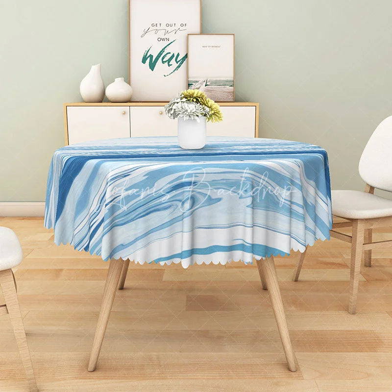 Lofaris Modern Summer Round Tablecloth with Blue and White Ocean Wave Print for Coastal Beach House Decor