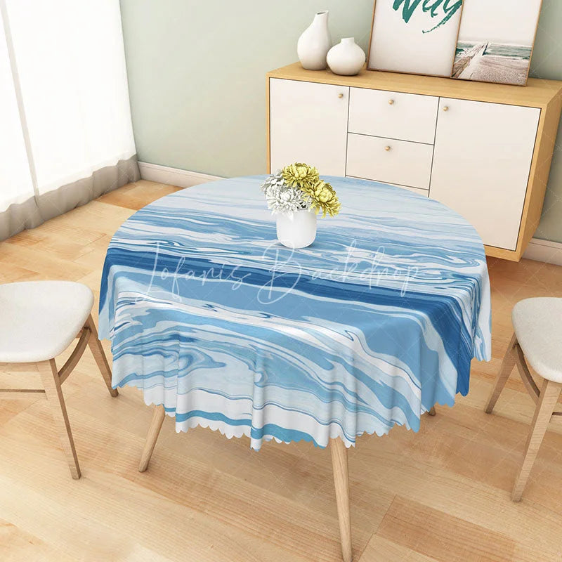 Lofaris Modern Summer Round Tablecloth with Blue and White Ocean Wave Print for Coastal Beach House Decor