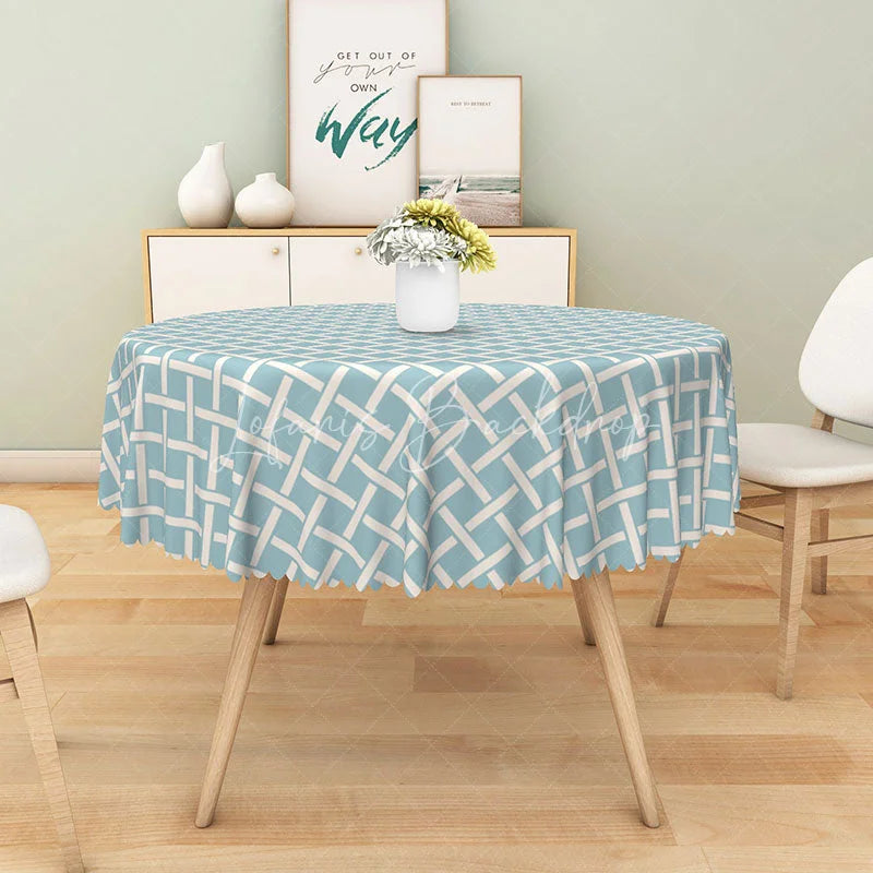 Lofaris Modern Teal and White Geometric Plaid Round Tablecloth for Contemporary Graphic Dining Decor