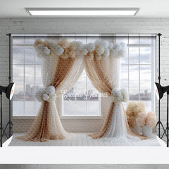 Lofaris Modern Wedding Ceremony Photography Backdrop Brown and White Drapes with Hydrangeas City View Window Background