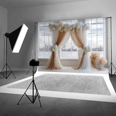 Lofaris Modern Wedding Ceremony Photography Backdrop Brown and White Drapes with Hydrangeas City View Window Background