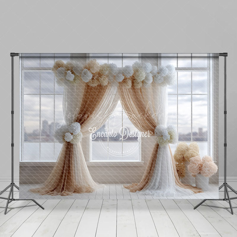 Lofaris Modern Wedding Ceremony Photography Backdrop Brown and White Drapes with Hydrangeas City View Window Background