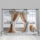 Lofaris Modern Wedding Ceremony Photography Backdrop Brown and White Drapes with Hydrangeas City View Window Background