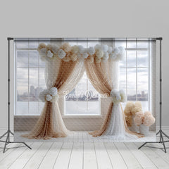 Lofaris Modern Wedding Ceremony Photography Backdrop Brown and White Drapes with Hydrangeas City View Window Background