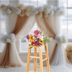 Lofaris Modern Wedding Ceremony Photography Backdrop Brown and White Drapes with Hydrangeas City View Window Background