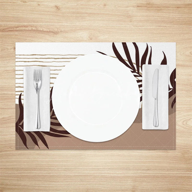 Lofaris Modern White and Brown Leaf Stripe Set of 4 Placemats for Botanical Farmhouse Kitchen Dining Decor