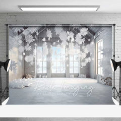 Lofaris Modern Winter Loft Backdrop Hanging 3D Snowflakes Industrial Windows Snow Floor Photo Background
