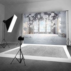 Lofaris Modern Winter Loft Backdrop Hanging 3D Snowflakes Industrial Windows Snow Floor Photo Background