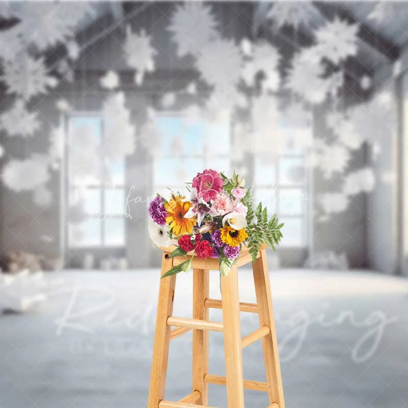 Lofaris Modern Winter Loft Backdrop Hanging 3D Snowflakes Industrial Windows Snow Floor Photo Background