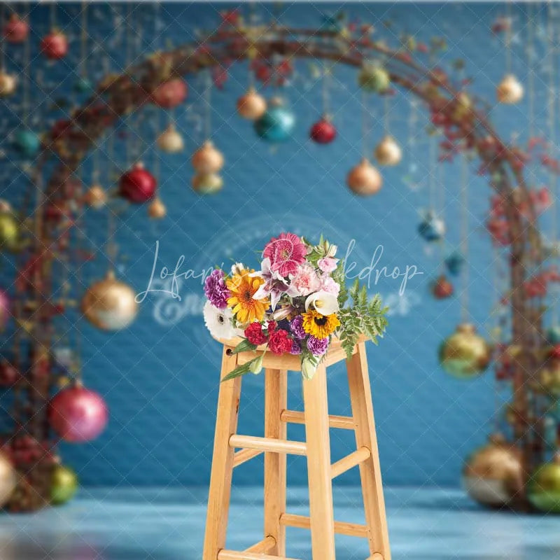 Lofaris Modern Wire Arch Christmas Backdrop Hanging Colorful Glass Ornament Photography Background