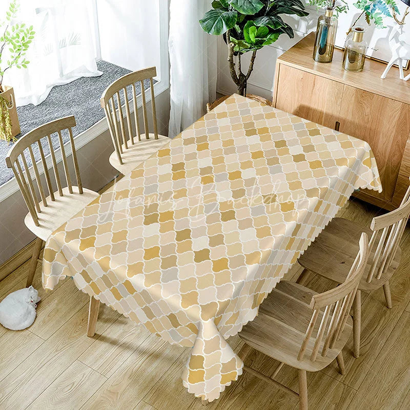 Lofaris Modern Yellow Geometric Rectangle Tablecloth Neutral Moroccan Tile Pattern Contemporary Kitchen Decor