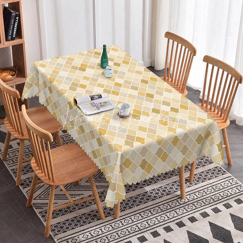 Lofaris Modern Yellow Geometric Rectangle Tablecloth Neutral Moroccan Tile Pattern Contemporary Kitchen Decor