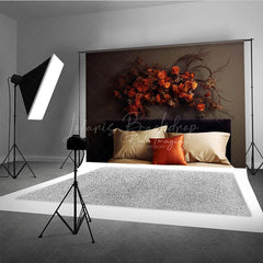 Lofaris Moody Autumn Headboard Photography Backdrop Minimalist Bed with Dried Orange Roses Fall Bedroom Photo Prop