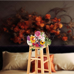 Lofaris Moody Autumn Headboard Photography Backdrop Minimalist Bed with Dried Orange Roses Fall Bedroom Photo Prop
