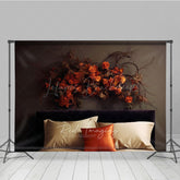 Lofaris Moody Autumn Headboard Photography Backdrop Minimalist Bed with Dried Orange Roses Fall Bedroom Photo Prop