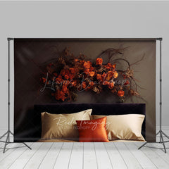 Lofaris Moody Autumn Headboard Photography Backdrop Minimalist Bed with Dried Orange Roses Fall Bedroom Photo Prop