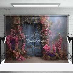 Lofaris Moody Blue Door Photography Backdrop Enchanted Garden with Pink Flowers Fine Art Painterly Photo Background