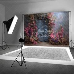 Lofaris Moody Blue Door Photography Backdrop Enchanted Garden with Pink Flowers Fine Art Painterly Photo Background