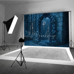 Lofaris Moody Blue Roses and Mirror Photography Backdrop Enchanted Garden with Bokeh Lights Fine Art Photo Background