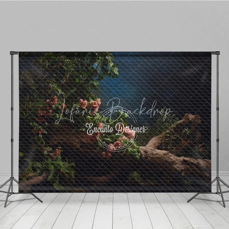 Lofaris Moody Dark Floral Photography Backdrop Pink Flowers on a Twisted Branch Fine Art Painterly Portrait Background