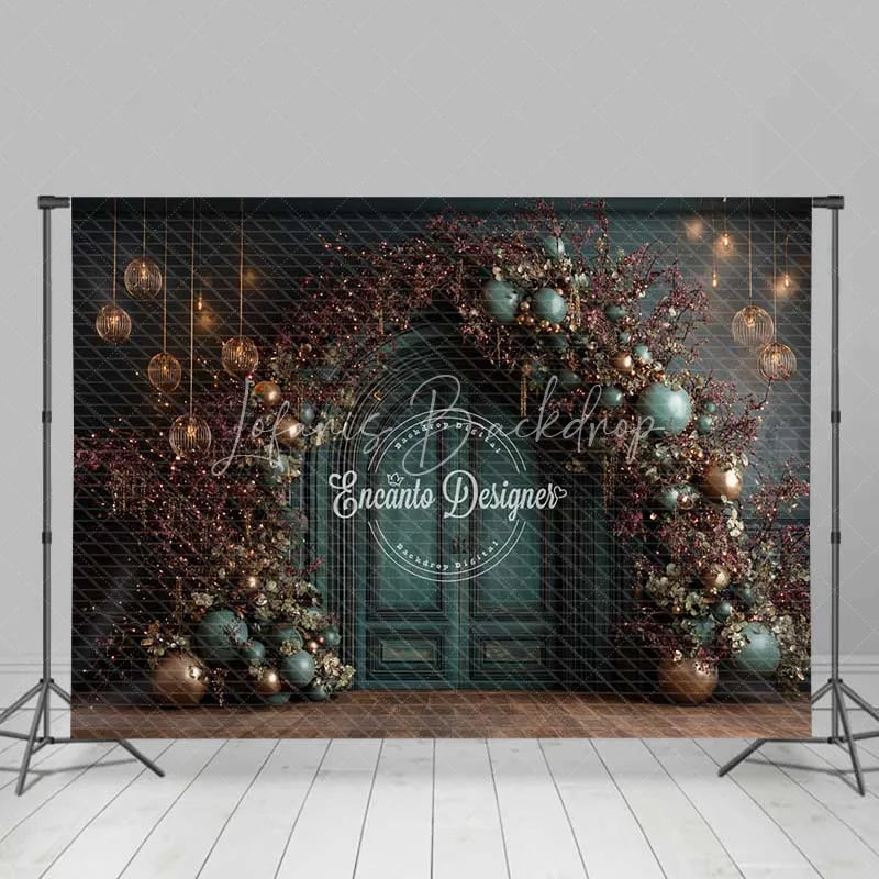 Lofaris Moody Dark Green Christmas Backdrop Bronze Ornament Floral Arch Photography Background