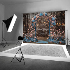 Lofaris Moody Floral Arch Photography Backdrop with Bokeh Lights Pink and Blue Flowers Romantic Wedding Photo Background