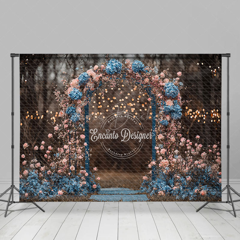 Lofaris Moody Floral Arch Photography Backdrop with Bokeh Lights Pink and Blue Flowers Romantic Wedding Photo Background
